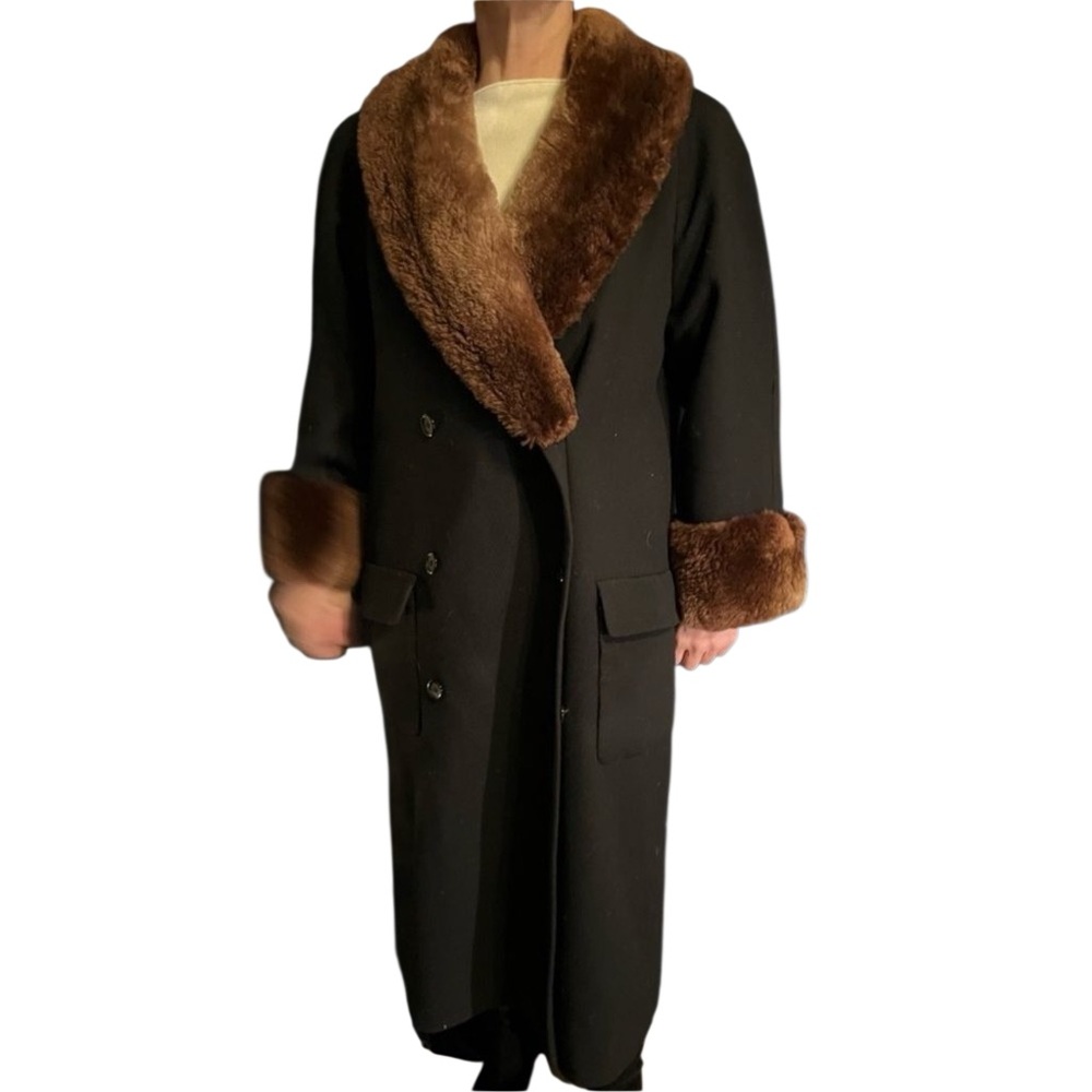 Vintage 80s Bill Blass Black Wool Slouch Brown Fur Shawl Collar Cuffs 8 Large XL
